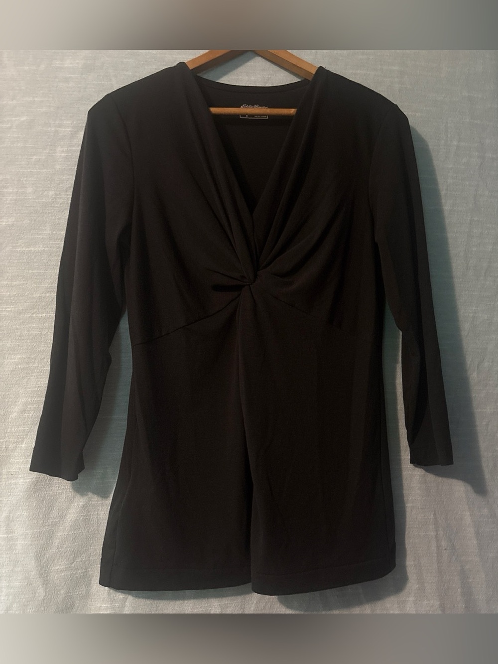 Eddie Bauer Blouse Pullover Twist-Front V-Neck 3/4 Sleeve Black Women’s Sz M